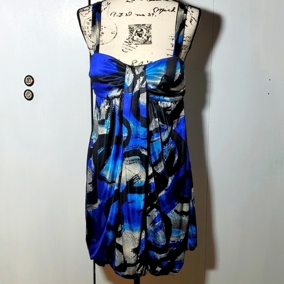 My Michelle- Blue Geo vintage Gathered balloon hem Artsy 90'S Mini Dress Sz.L - Picture 1 of 5